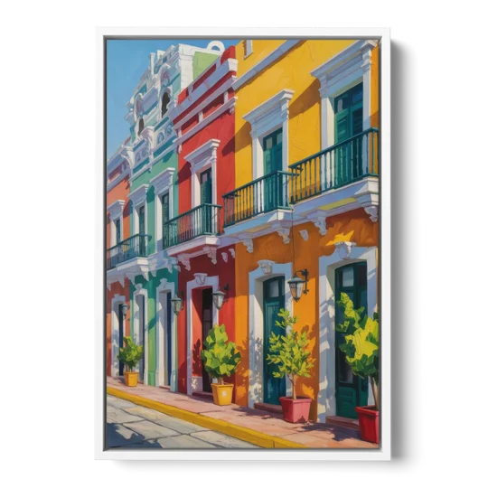 Colorful Centro Facades - White Framed Canvas Wall Art - Front