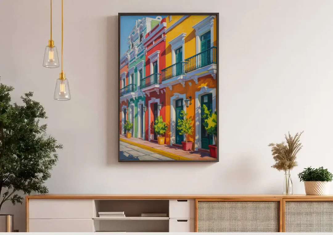 Colorful Centro Facades canvas wall art above a wooden sideboard under pendant lights