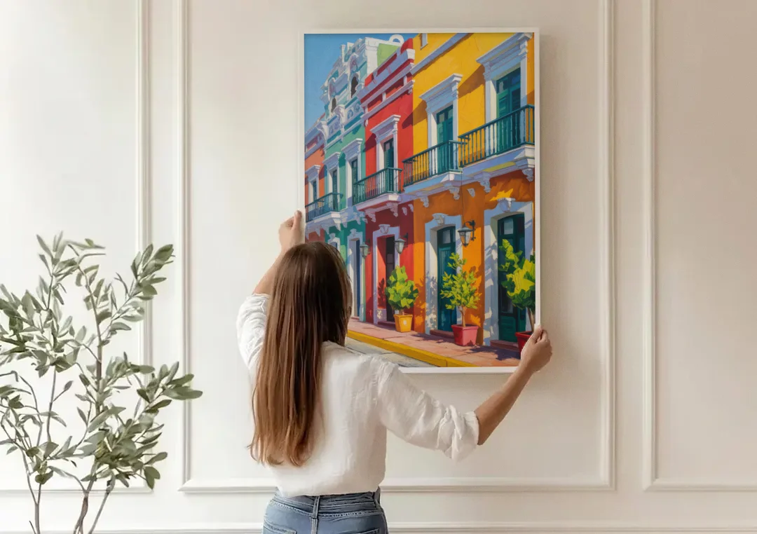Colorful Centro Facades canvas wall art being hung on a paneled wall