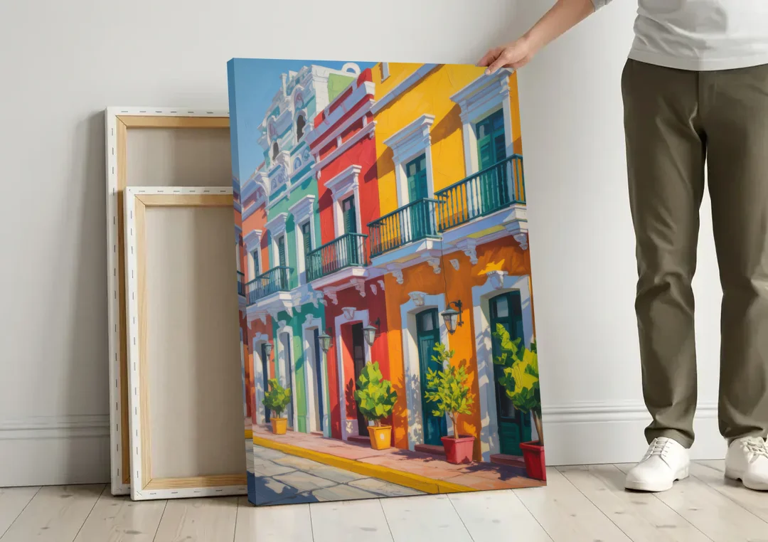 Colorful Centro Facades canvas wall art leaning against a wall next to blank canvases