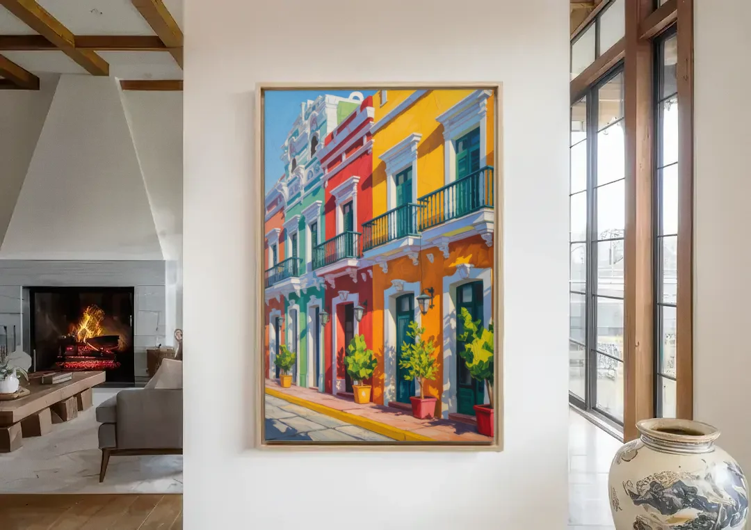 Colorful Centro Facades canvas wall art in a living room with a fireplace