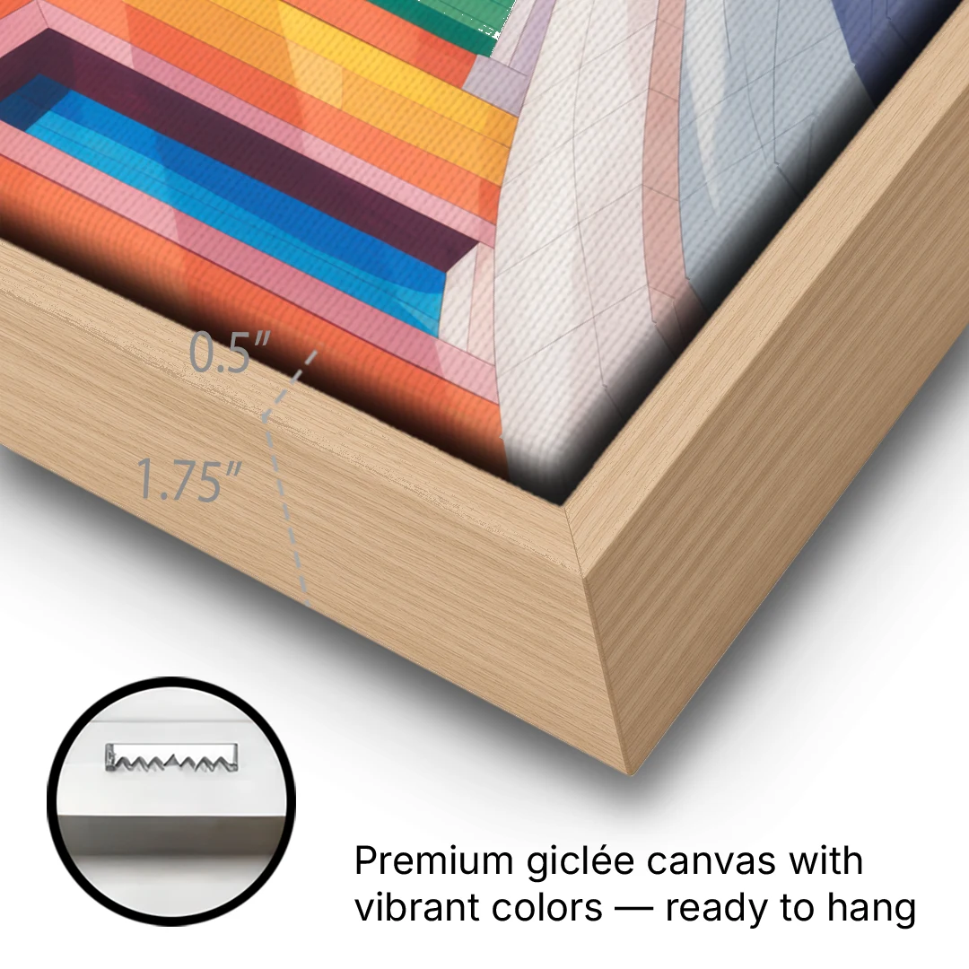 Colorful Centro Streets - Oak Framed Canvas Wall Art - Gallery Wrap Corner