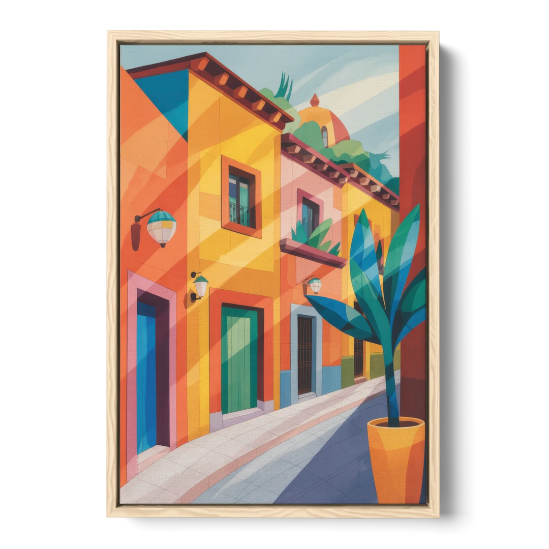 Colorful Centro Streets - Oak Framed Canvas Wall Art - Front