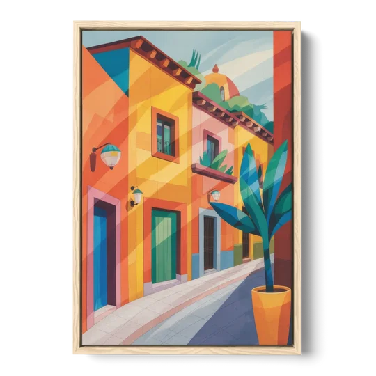 Colorful Centro Streets - Oak Framed Canvas Wall Art - Front