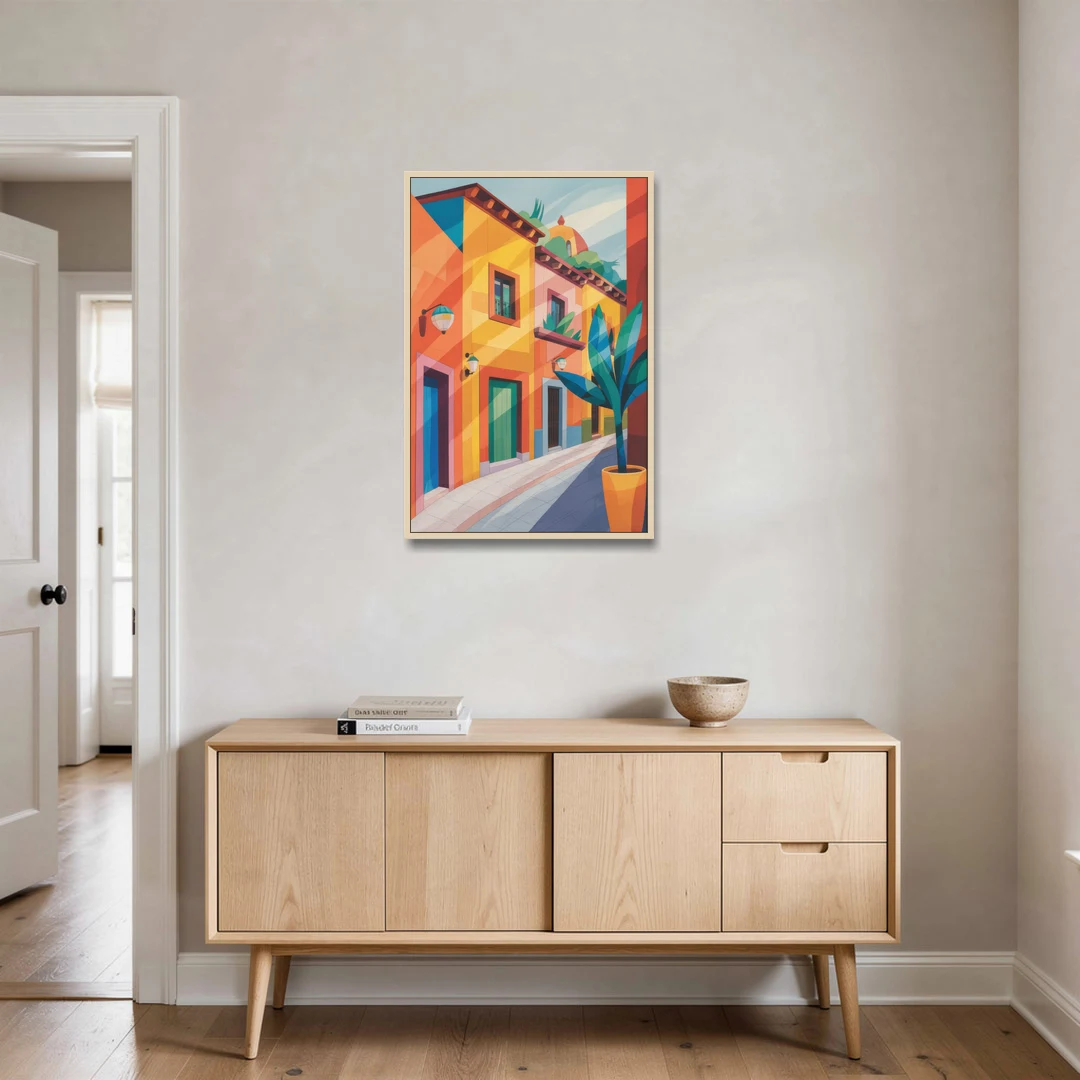 Colorful Centro Streets - Oak Framed Canvas Wall Art - Coffee Table - 24x36