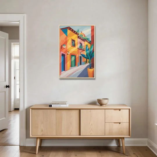 Colorful Centro Streets - Oak Framed Canvas Wall Art - Coffee Table - 24x36