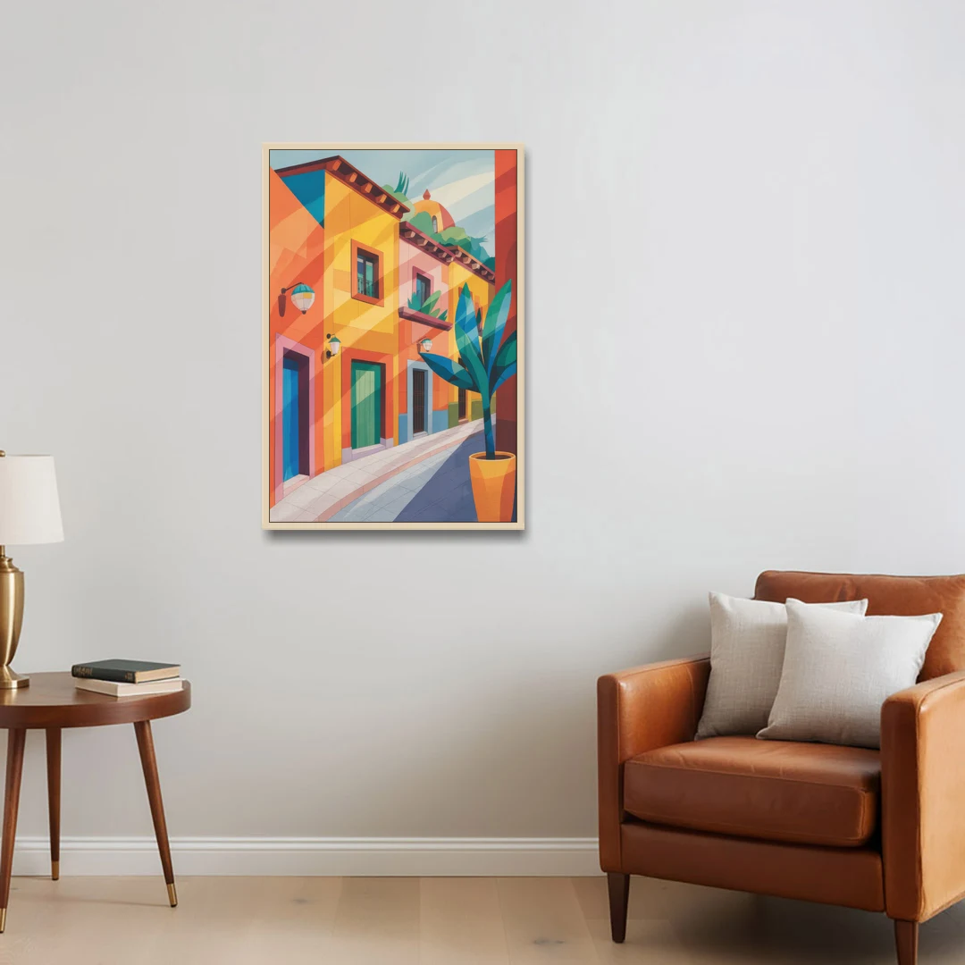Colorful Centro Streets - Oak Framed Canvas Wall Art - Sofa - 24x36