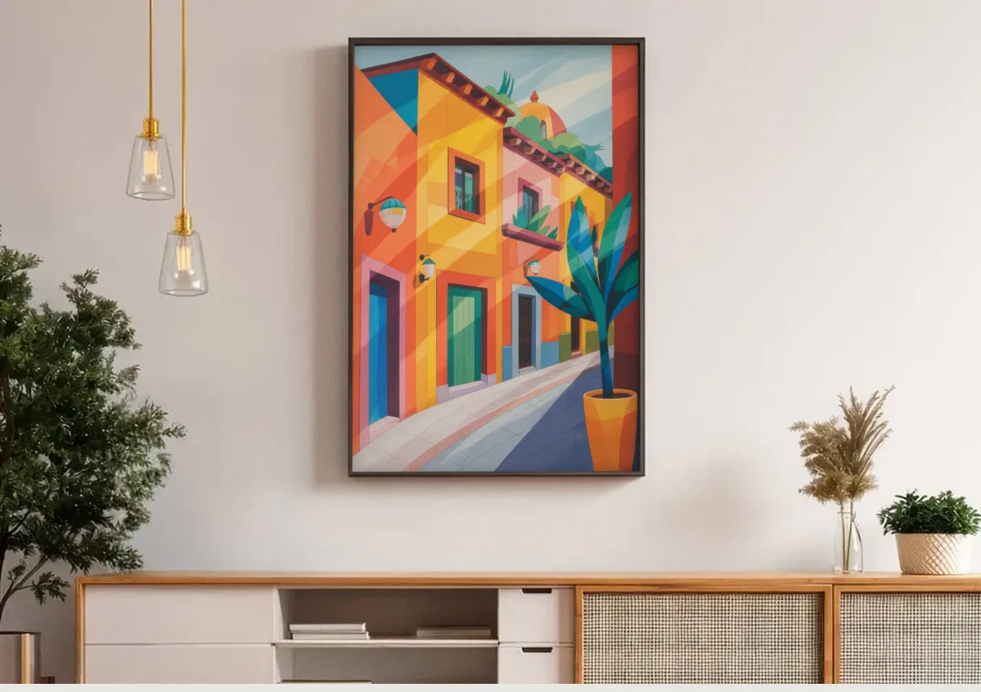 Colorful Centro Streets canvas wall art above a wooden sideboard under pendant lights