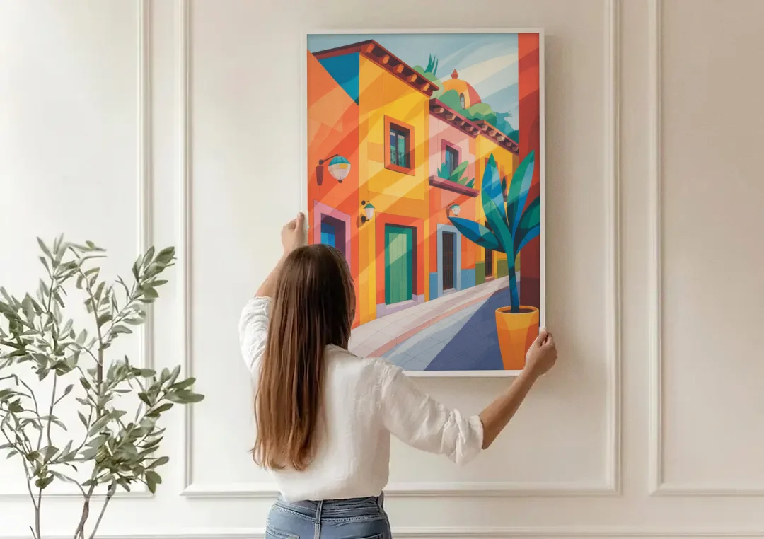 Colorful Centro Streets canvas wall art being hung on a paneled wall