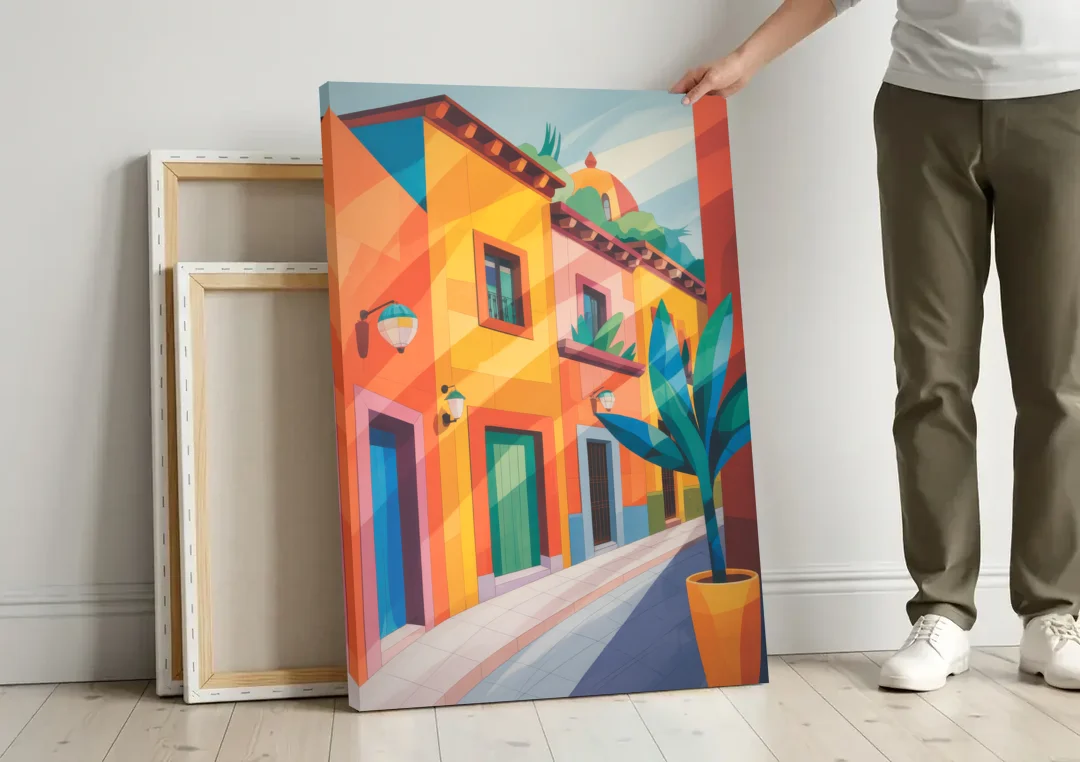 Colorful Centro Streets canvas wall art leaning against a wall next to blank canvases