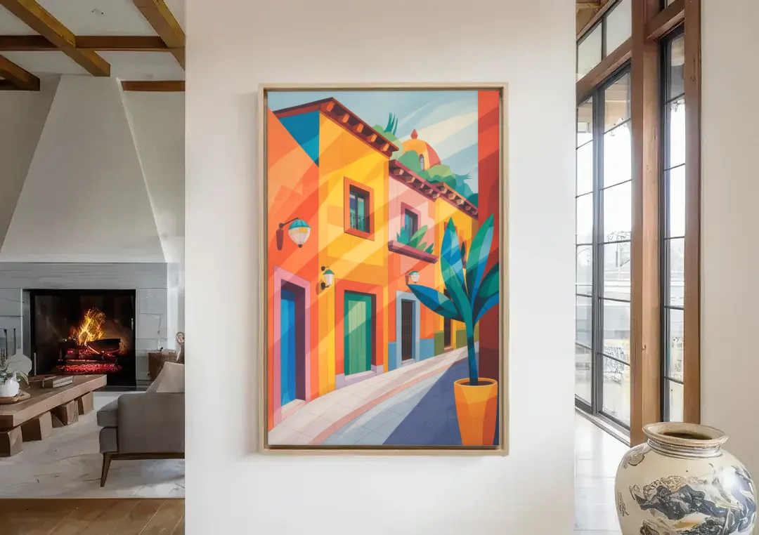 Colorful Centro Streets canvas wall art in a living room with a fireplace