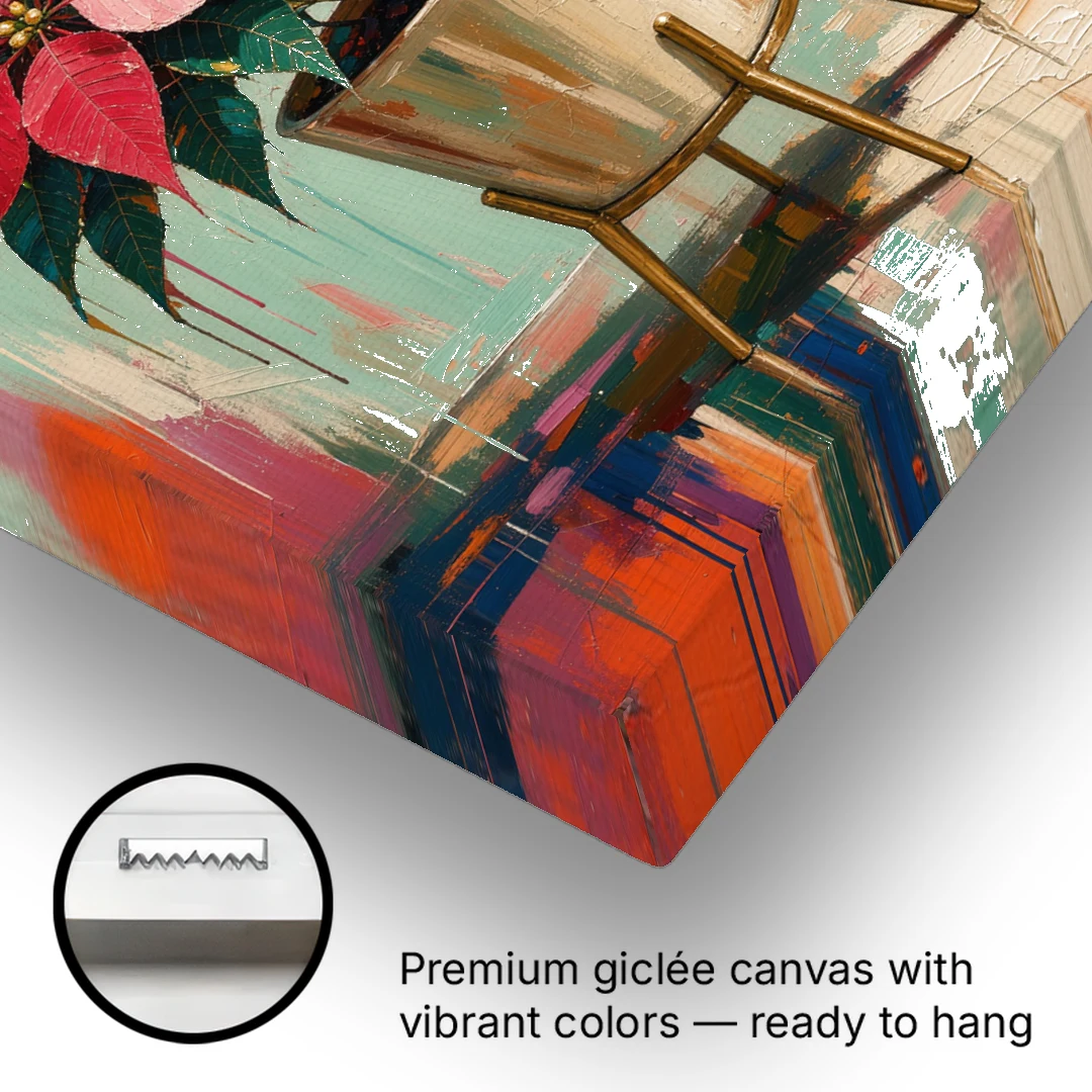 Colorful Christmas Wall Art with a Potted Poinsettia - Canvas Wall Art - Gallery Wrap Corner