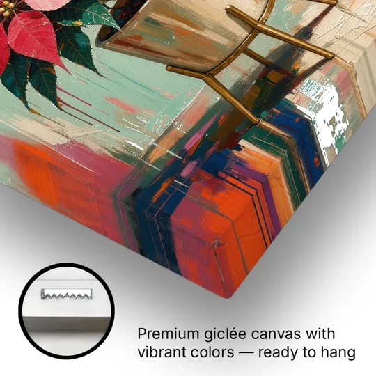 Colorful Christmas Wall Art with a Potted Poinsettia - Canvas Wall Art - Gallery Wrap Corner