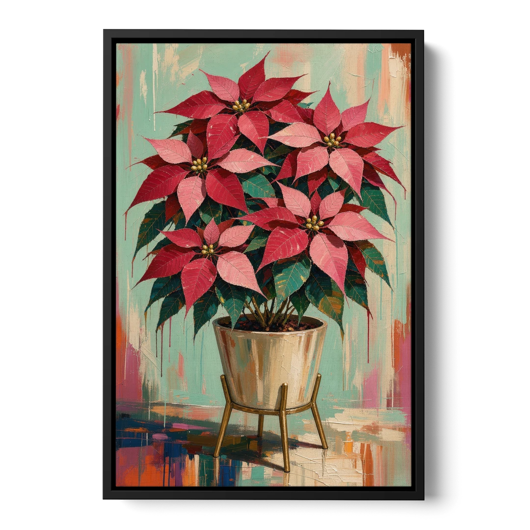 Colorful Christmas Wall Art with a Potted Poinsettia - Black Framed Canvas Wall Art - Front