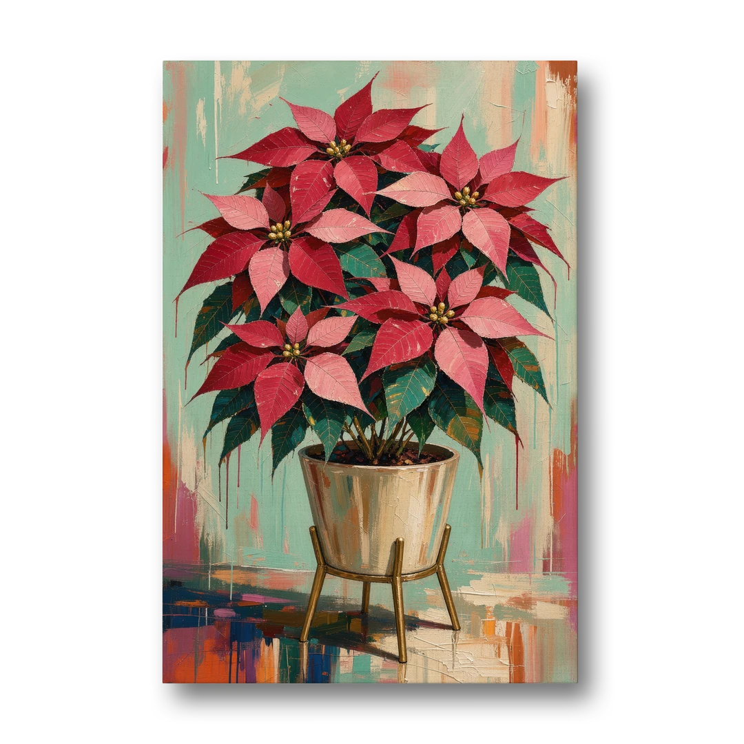 Colorful Christmas Wall Art with a Potted Poinsettia - Canvas Wall Art - Front