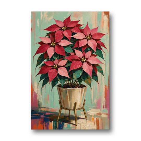 Colorful Christmas Wall Art with a Potted Poinsettia - Canvas Wall Art - Front