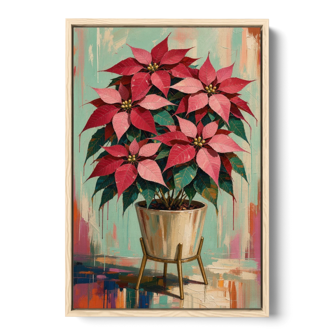 Colorful Christmas Wall Art with a Potted Poinsettia - Oak Framed Canvas Wall Art - Front