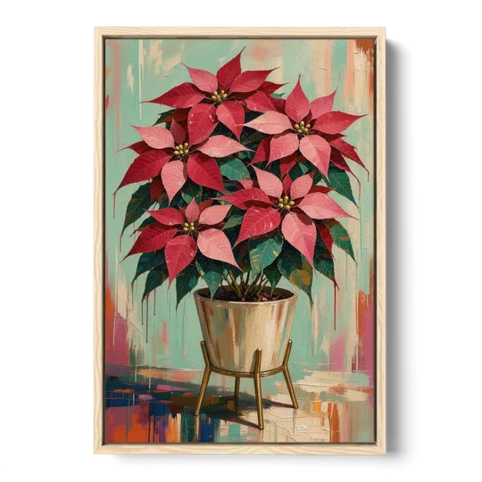 Colorful Christmas Wall Art with a Potted Poinsettia - Oak Framed Canvas Wall Art - Front