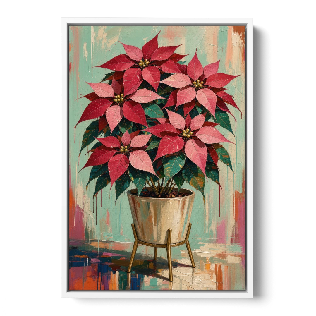 Colorful Christmas Wall Art with a Potted Poinsettia - White Framed Canvas Wall Art - Front
