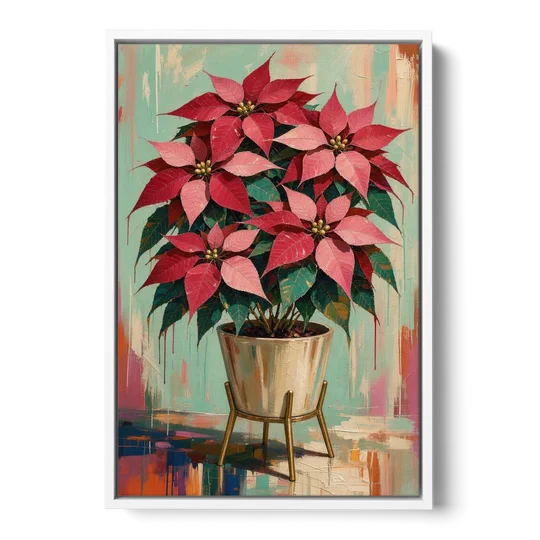 Colorful Christmas Wall Art with a Potted Poinsettia - White Framed Canvas Wall Art - Front