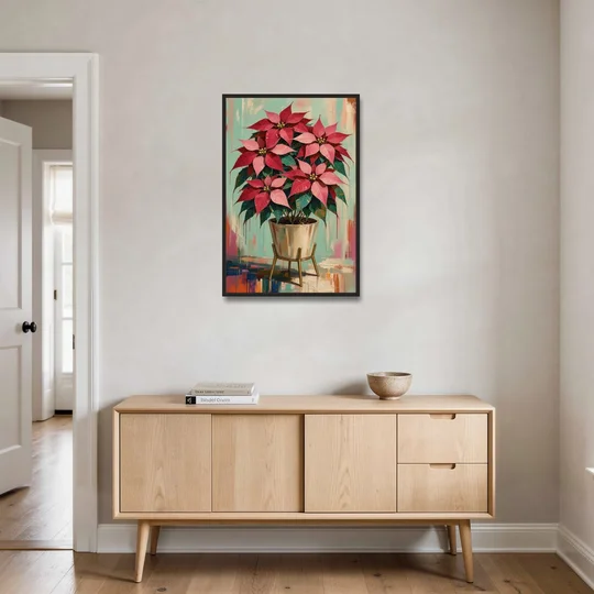 Colorful Christmas Wall Art with a Potted Poinsettia - Black Framed Canvas Wall Art - Coffee Table - 24x36