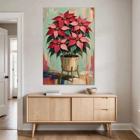 Colorful Christmas Wall Art with a Potted Poinsettia - Canvas Wall Art - Coffee Table - 40x60