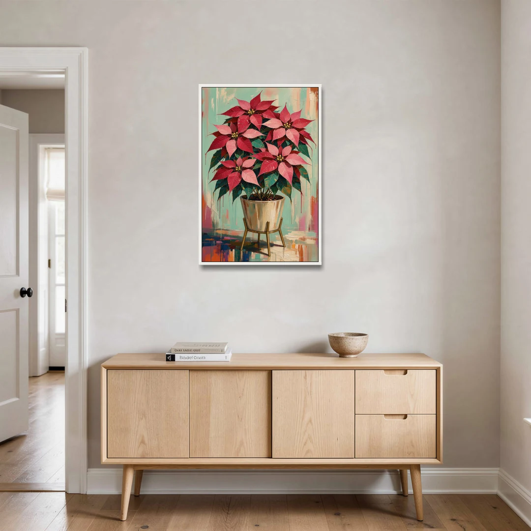Colorful Christmas Wall Art with a Potted Poinsettia - White Framed Canvas Wall Art - Coffee Table - 24x36