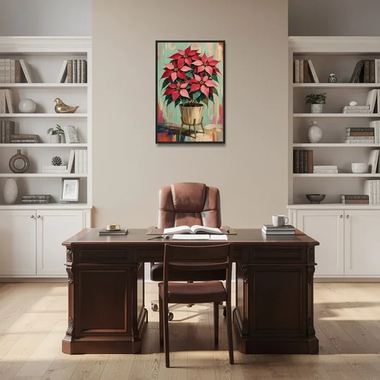Colorful Christmas Wall Art with a Potted Poinsettia - Black Framed Canvas Wall Art - Office - 24x36