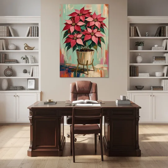 Colorful Christmas Wall Art with a Potted Poinsettia - Canvas Wall Art - Office - 40x60