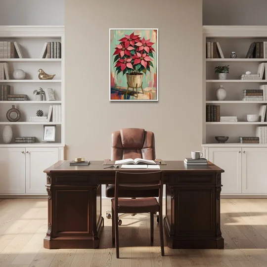Colorful Christmas Wall Art with a Potted Poinsettia - White Framed Canvas Wall Art - Office - 24x36