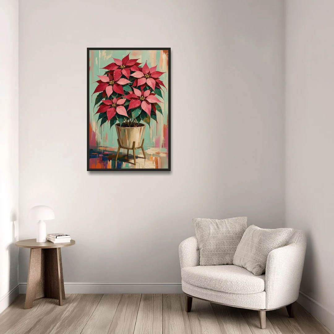 Colorful Christmas Wall Art with a Potted Poinsettia - Black Framed Canvas Wall Art - Sofa - 24x36