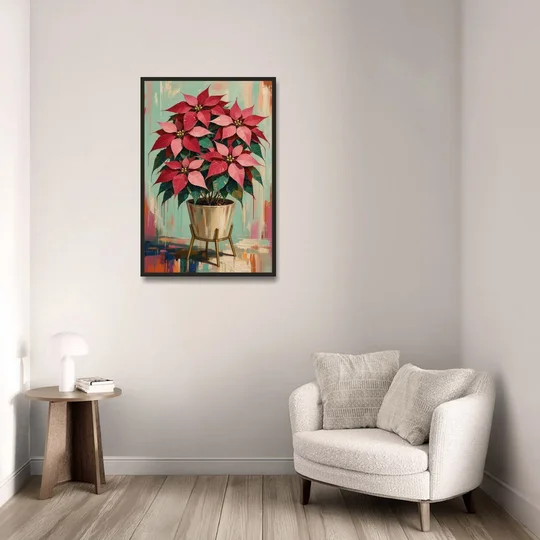 Colorful Christmas Wall Art with a Potted Poinsettia - Black Framed Canvas Wall Art - Sofa - 24x36