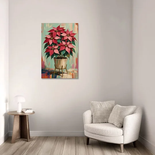 Colorful Christmas Wall Art with a Potted Poinsettia - Canvas Wall Art - Sofa - 24x36