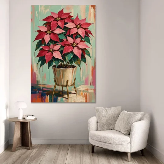 Colorful Christmas Wall Art with a Potted Poinsettia - Canvas Wall Art - Sofa - 40x60