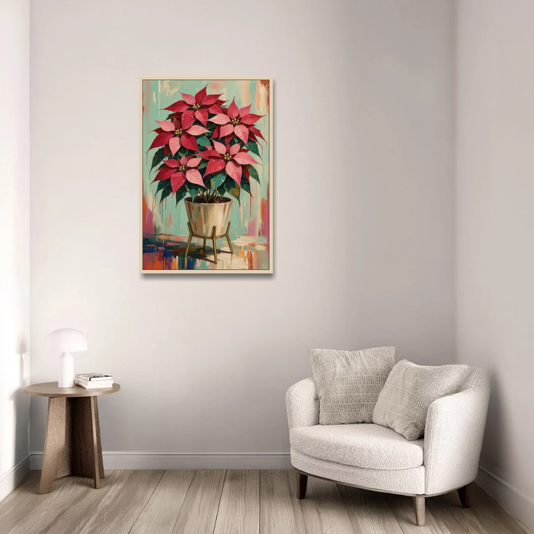 Colorful Christmas Wall Art with a Potted Poinsettia - Oak Framed Canvas Wall Art - Sofa - 24x36