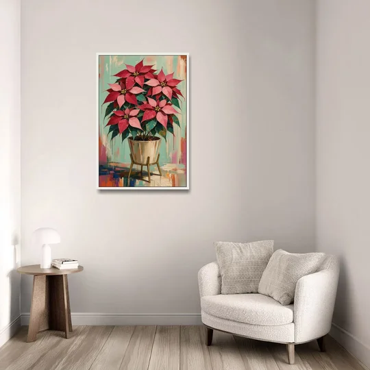Colorful Christmas Wall Art with a Potted Poinsettia - White Framed Canvas Wall Art - Sofa - 24x36