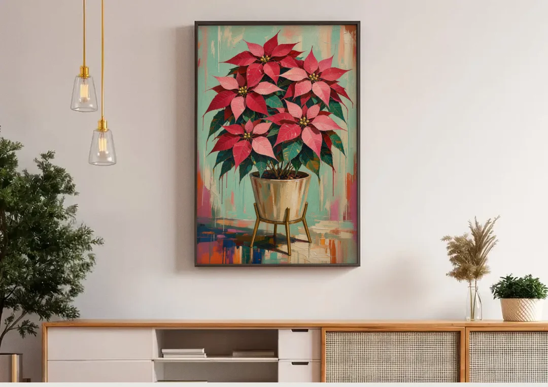Colorful Christmas Wall Art with a Potted Poinsettia canvas wall art above a wooden sideboard under pendant lights