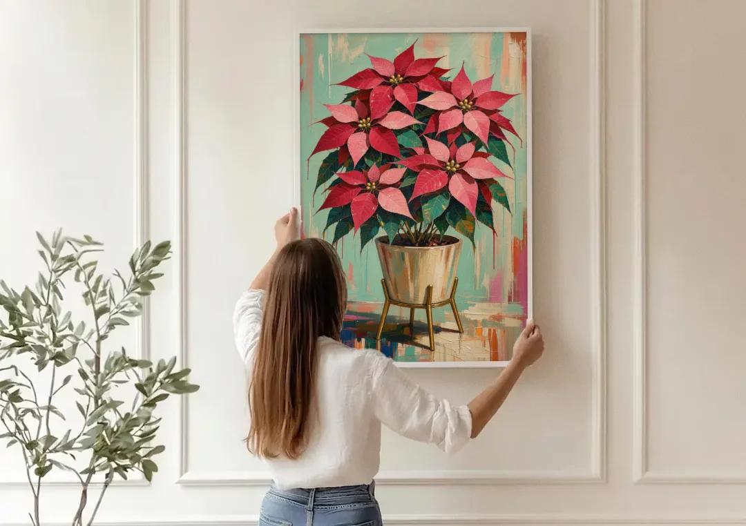 Colorful Christmas Wall Art with a Potted Poinsettia canvas wall art being hung on a paneled wall