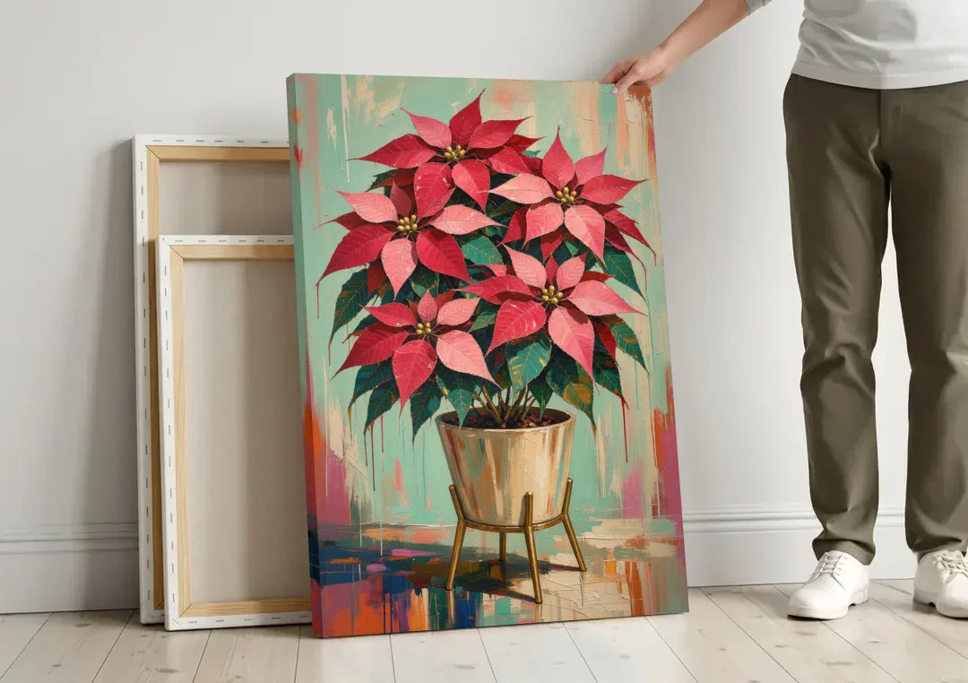 Colorful Christmas Wall Art with a Potted Poinsettia canvas wall art leaning against a wall next to blank canvases