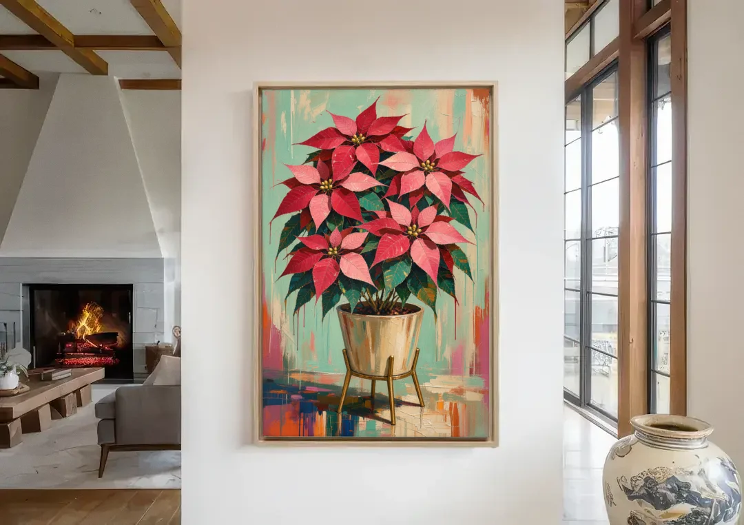 Colorful Christmas Wall Art with a Potted Poinsettia canvas wall art in a living room with a fireplace