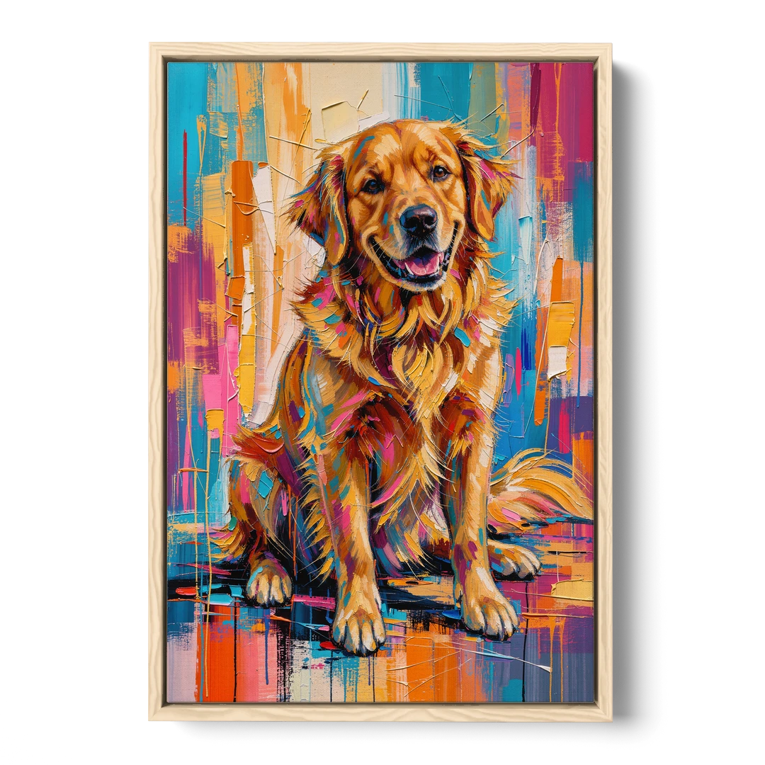 Colorful Golden Retriever Painting - Oak Framed Canvas Wall Art - Front