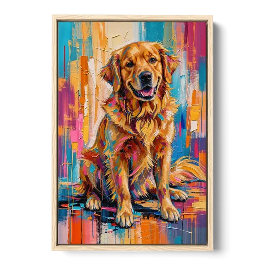 Colorful Golden Retriever Painting - Oak Framed Canvas Wall Art - Front