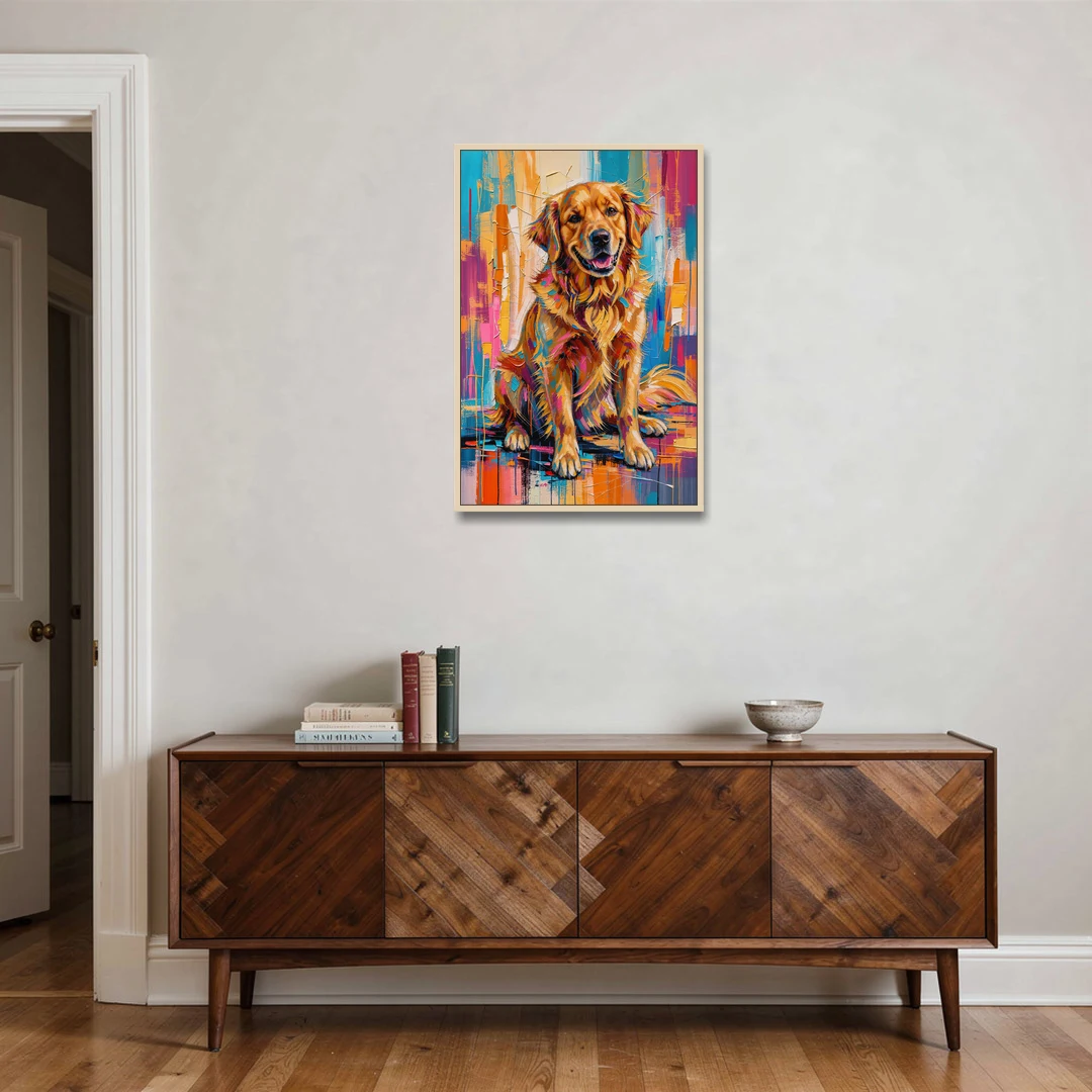 Colorful Golden Retriever Painting - Oak Framed Canvas Wall Art - Coffee Table - 24x36