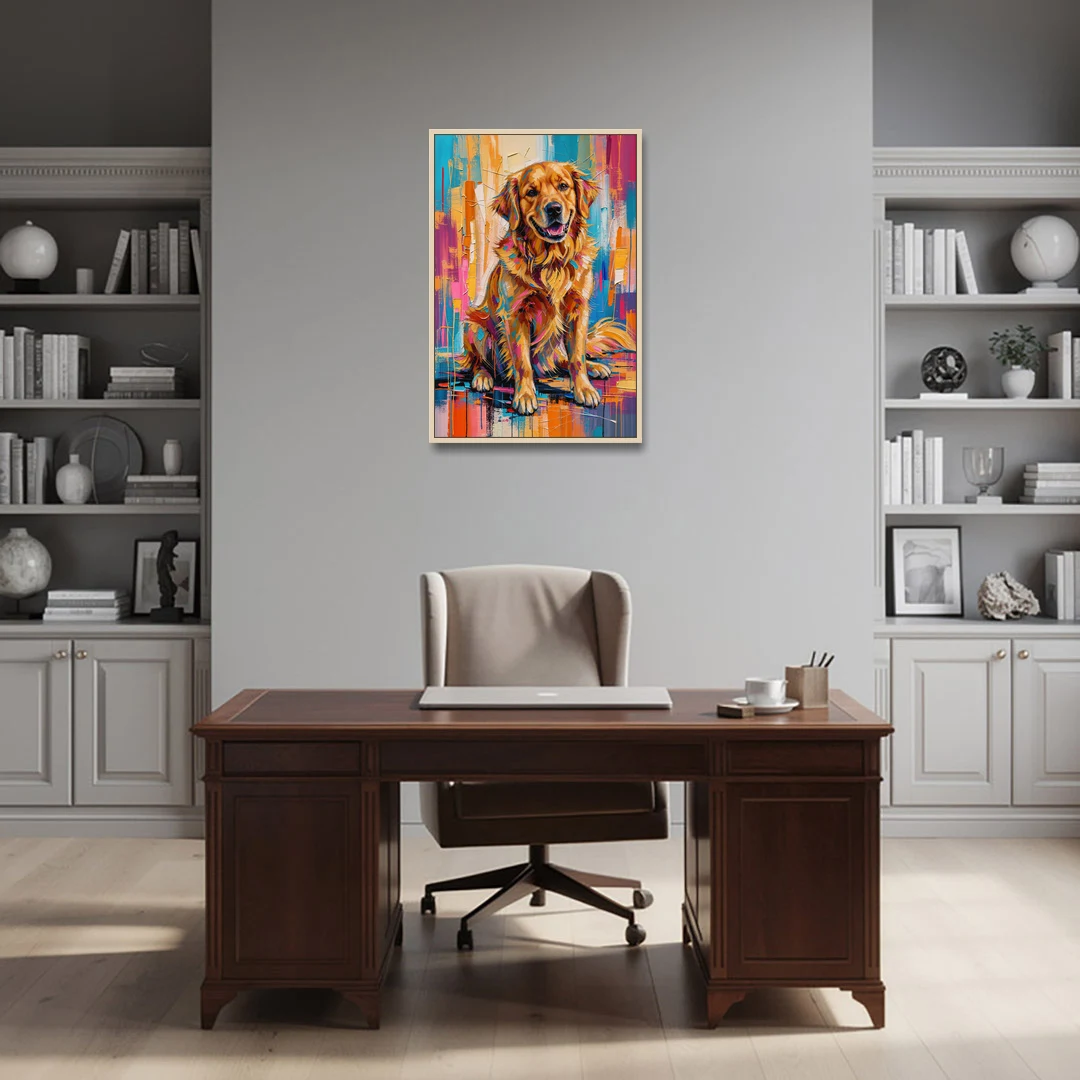 Colorful Golden Retriever Painting - Oak Framed Canvas Wall Art - Office - 24x36