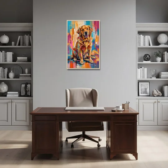 Colorful Golden Retriever Painting - Oak Framed Canvas Wall Art - Office - 24x36