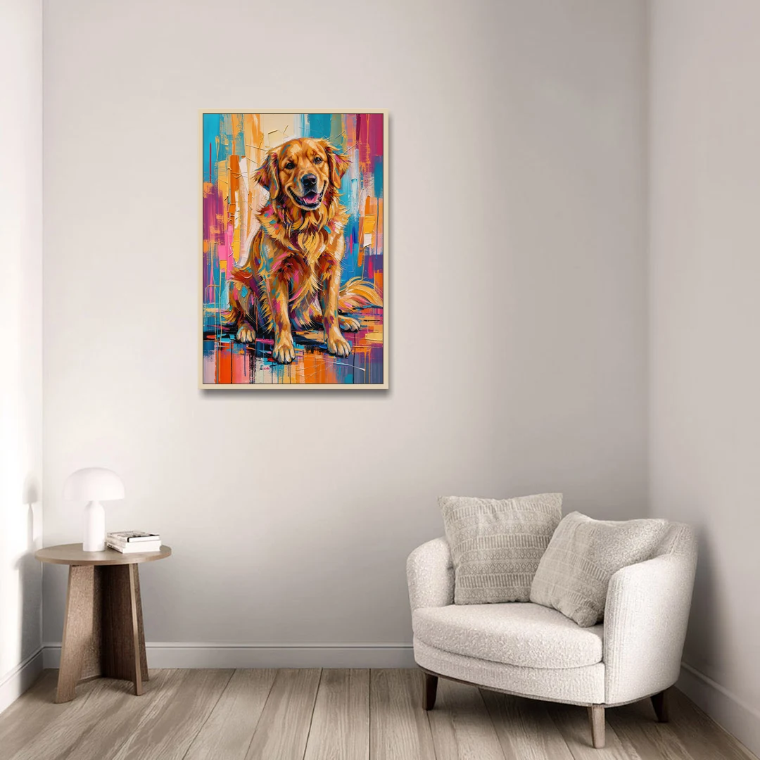 Colorful Golden Retriever Painting - Oak Framed Canvas Wall Art - Sofa - 24x36