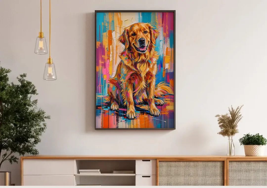 Colorful Golden Retriever Painting canvas wall art above a wooden sideboard under pendant lights