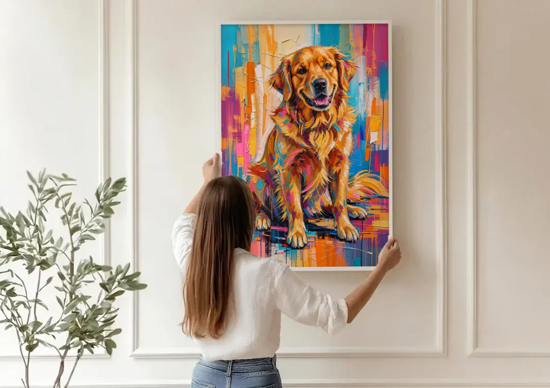 Colorful Golden Retriever Painting canvas wall art being hung on a paneled wall