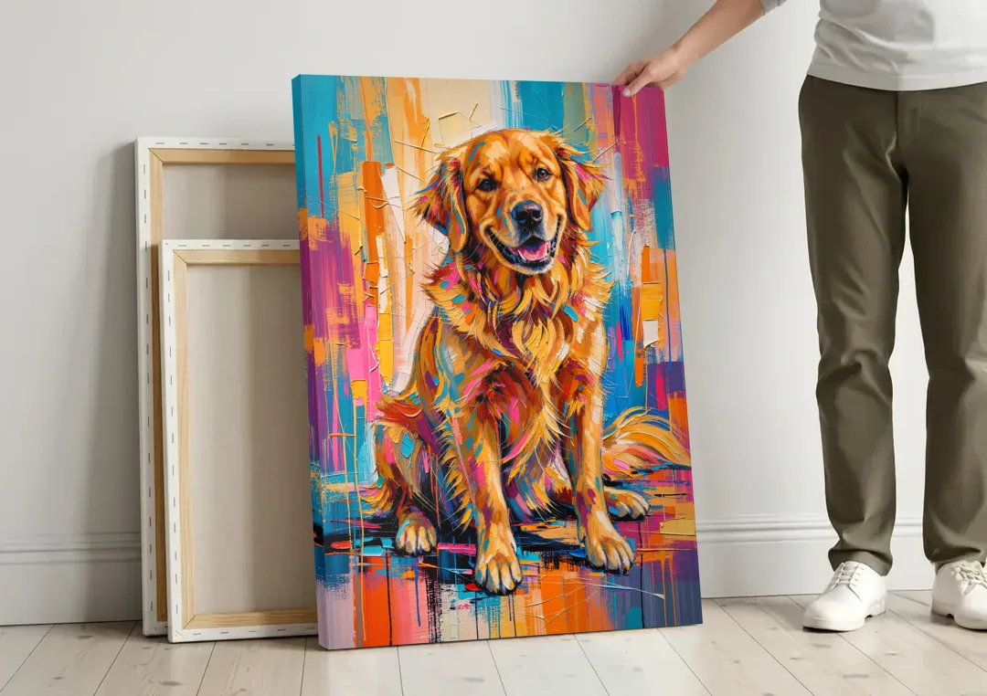 Colorful Golden Retriever Painting canvas wall art leaning against a wall next to blank canvases