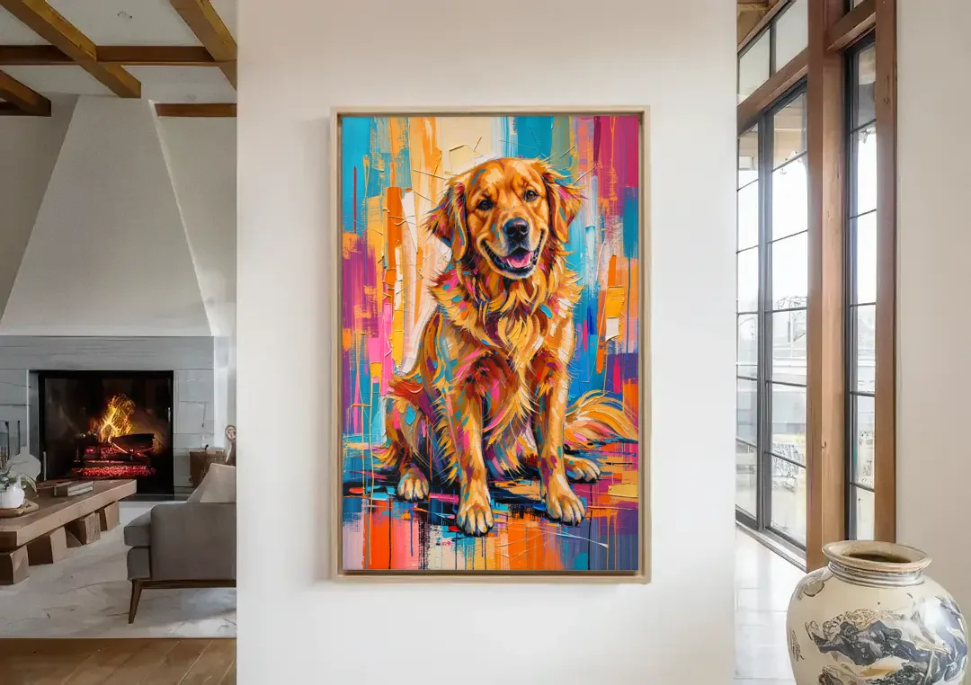 Colorful Golden Retriever Painting canvas wall art in a living room with a fireplace